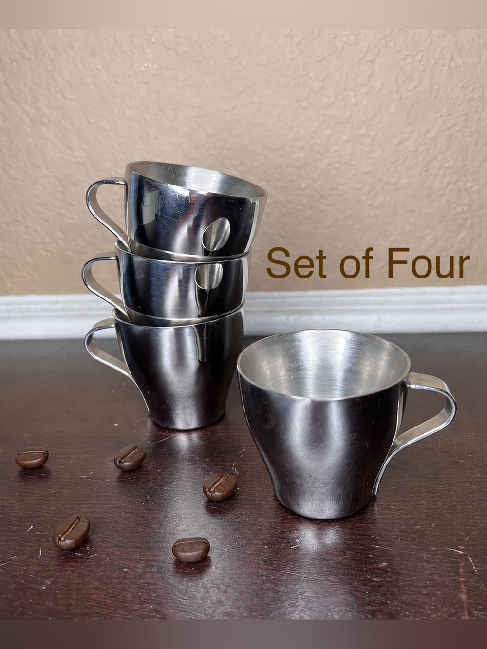 Vintage Chrome Steel Espresso Cup Set, Double Wall Espresso Mugs